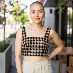 NWT House of Harlow 1960 Women’s Cropped Tan & Black Wool Tweed Top Sz M